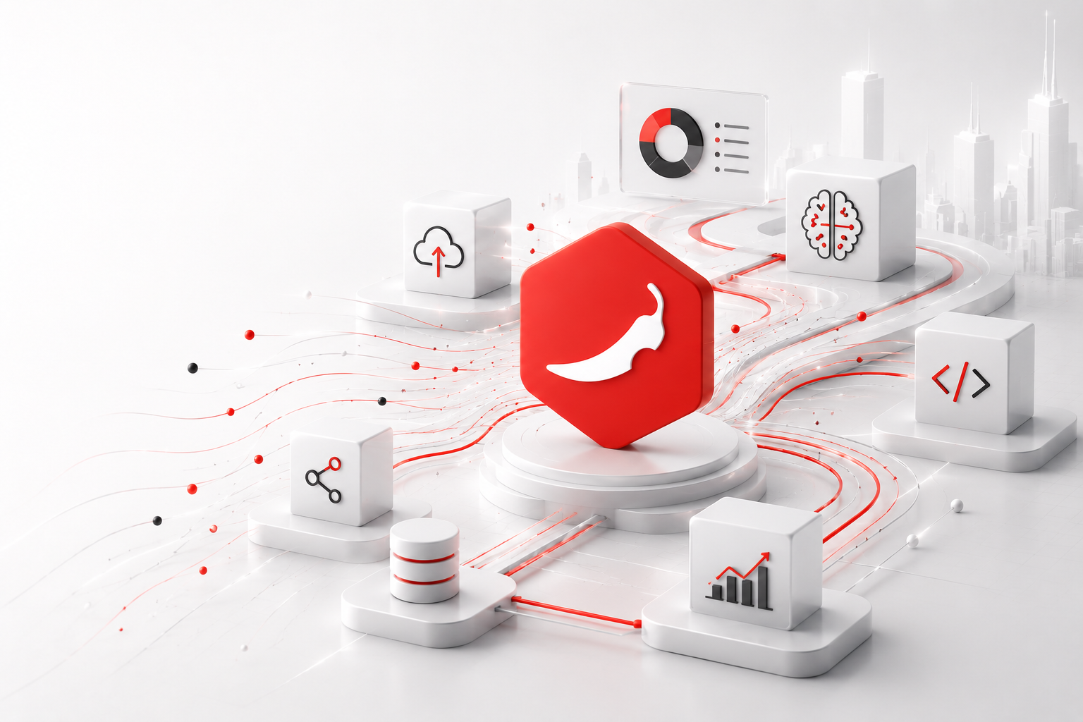 De InControl+ Solution Factory: het PepperByte logo omringd door bouwstenen voor cloud, AI, API's, data, code en dashboards.